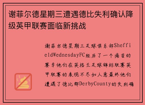 谢菲尔德星期三遭遇德比失利确认降级英甲联赛面临新挑战